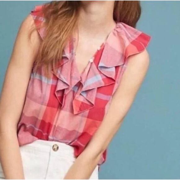 Isabella Sinclair Anthro Andover Cottage Camp Red Plaid Blouse Medium - Picture 6 of 11